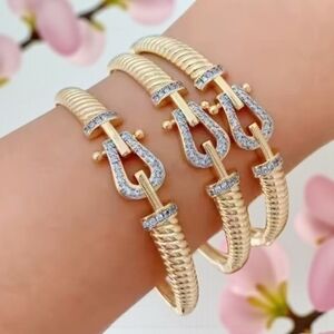 Gold Plated Stainless Steel Horsebit Omega Zircon Crystal Bangle Bracelet